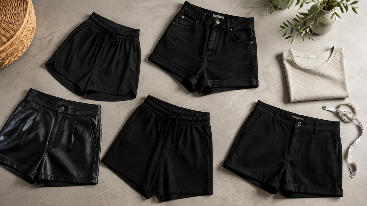 Black shorts in varied fabrics arranged for a fit and quality comparison