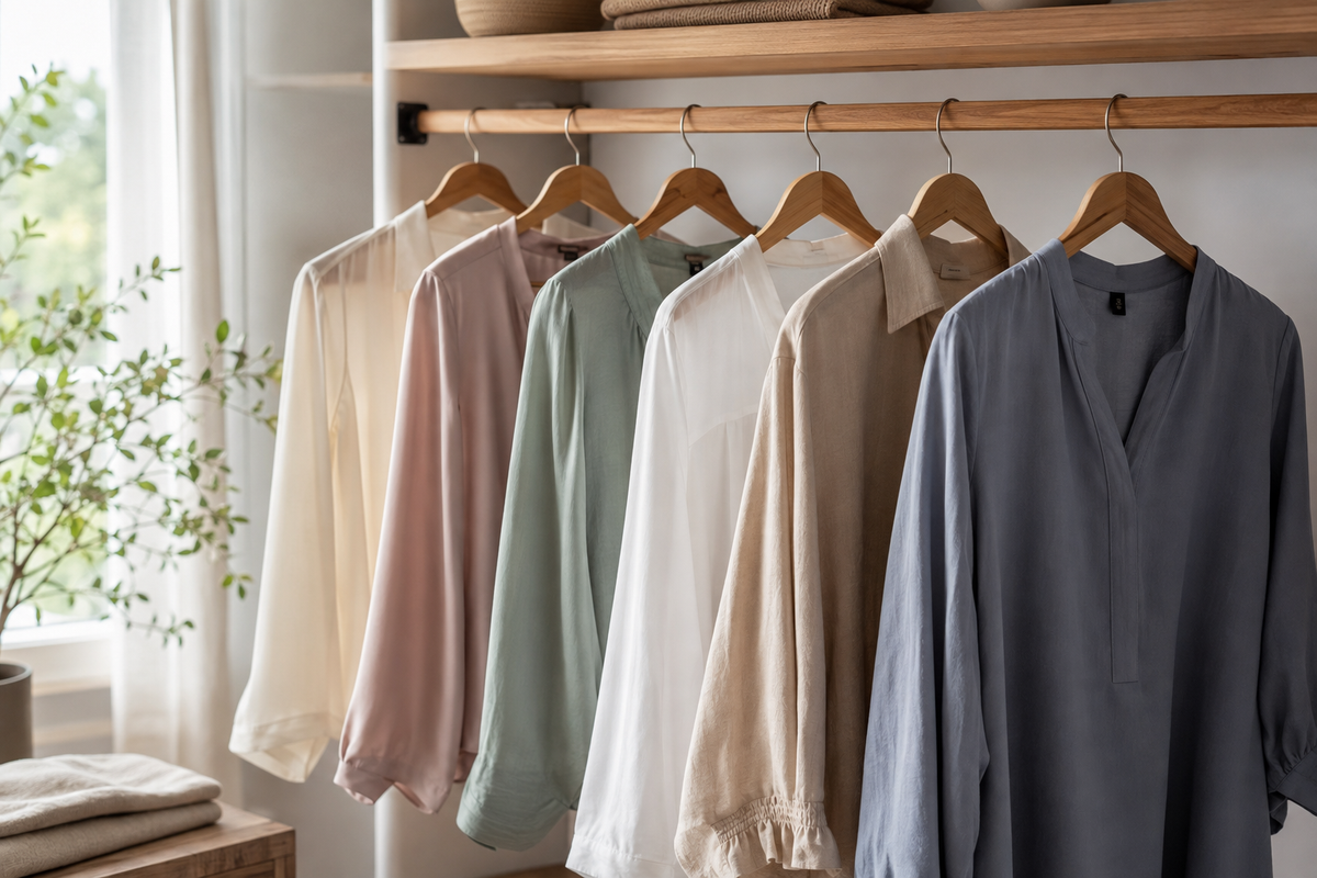 Silk-like cotton linen and draped blouses hanging in a bright wardrobe