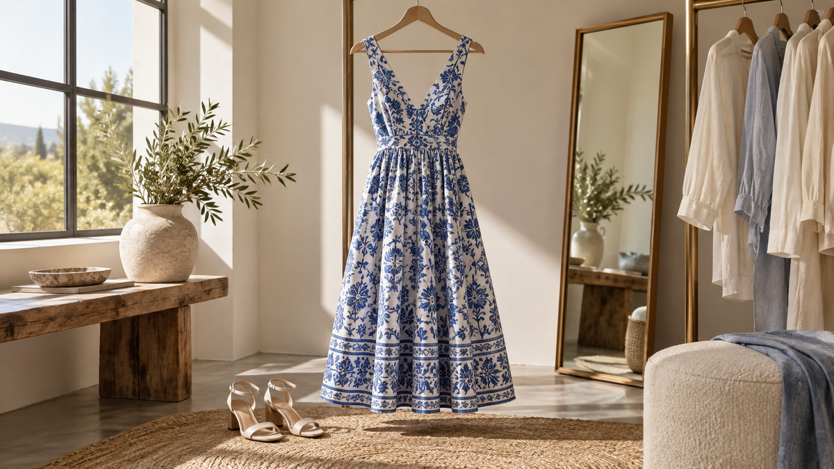 Blue and white dress with flowing fabric in natural light