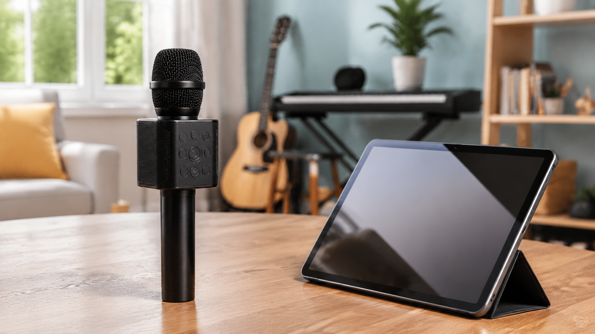 Unbranded Bluetooth karaoke microphone in a home music room