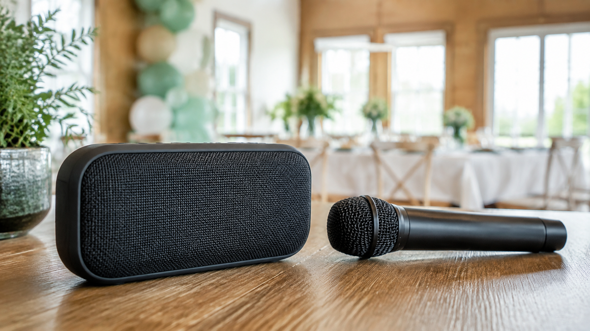 Unbranded Bluetooth speaker with handheld microphone in a home event space