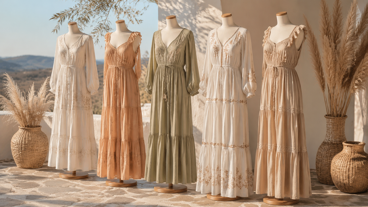 Flowing boho dresses with embroidery and tiered skirts on a sunlit terrace
