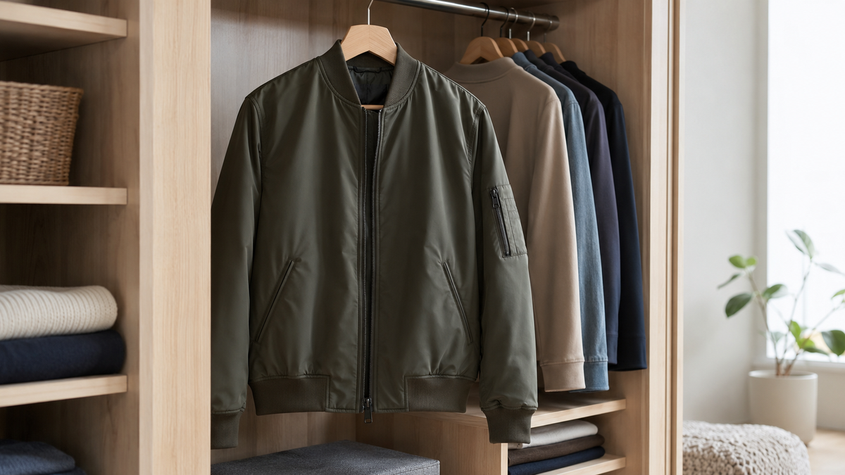Classic bomber jacket with ribbed collar cuffs and hem in a modern wardrobe