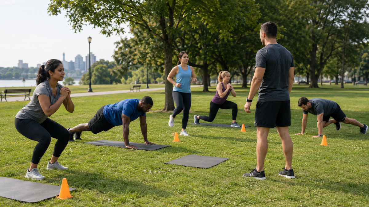 Outdoor bootcamp class performing supervised bodyweight circuits