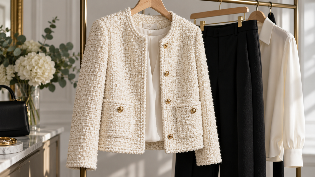 Cream bouclé jacket styled with a white blouse and black trousers