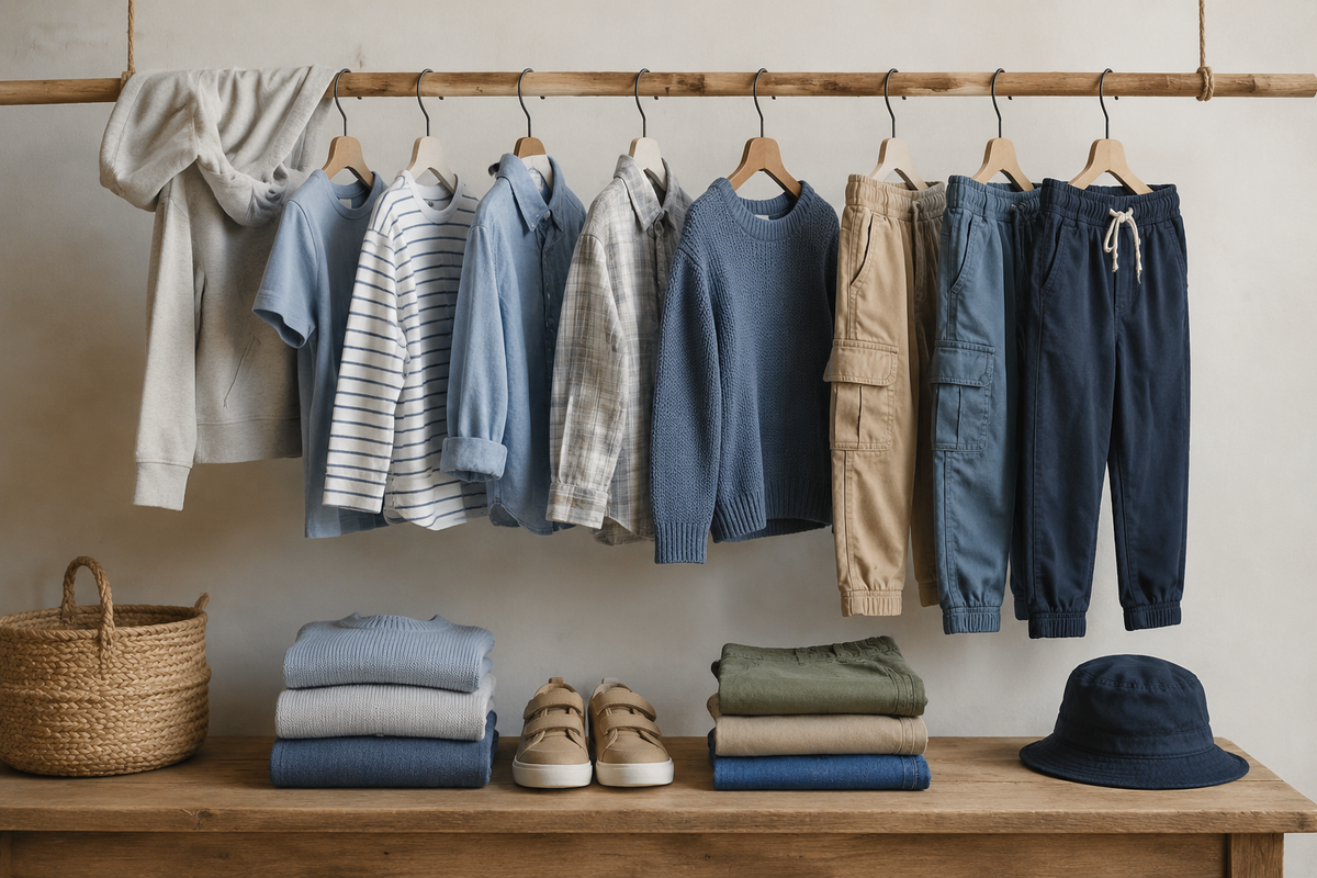 Boys clothes in coordinated practical styles displayed in a neutral studio