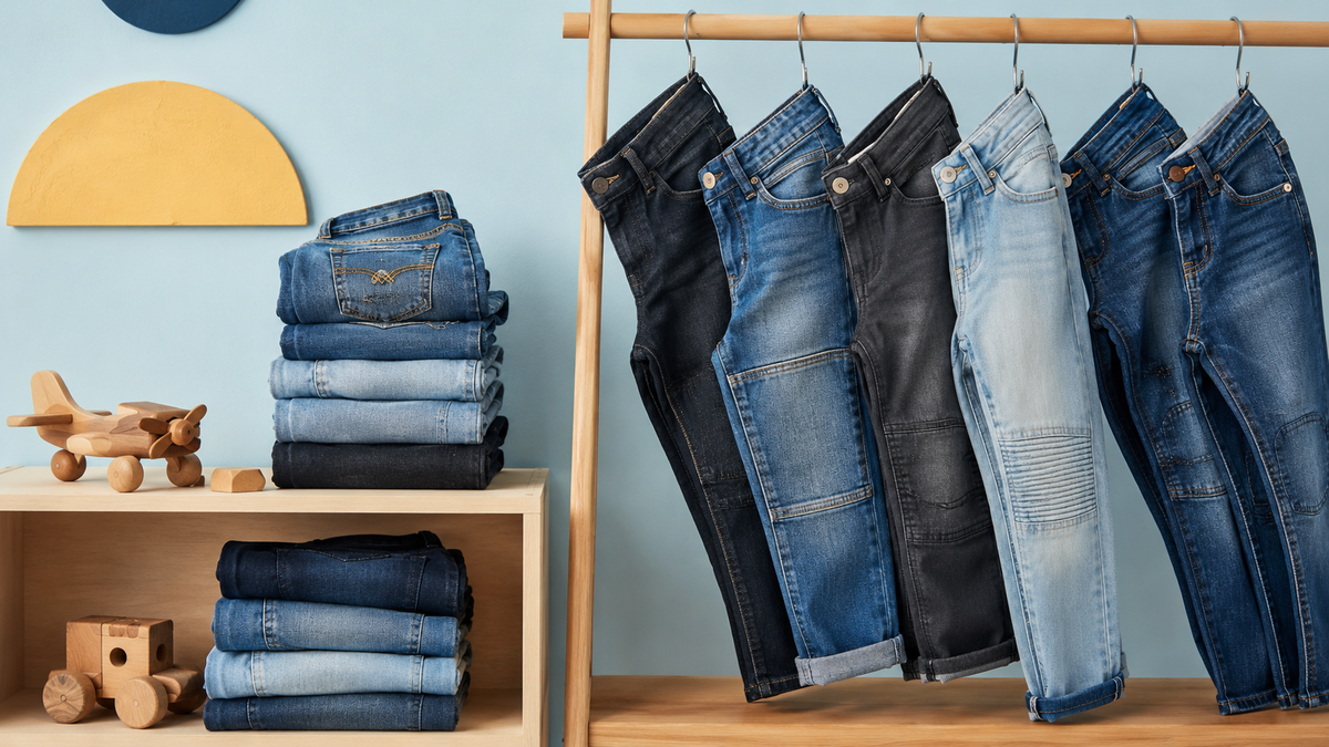 Boys jeans in varied washes with reinforced knees and adjustable waists