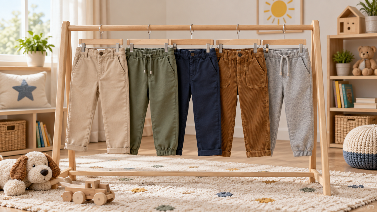 Boys pants in twill jogger and corduroy fabrics