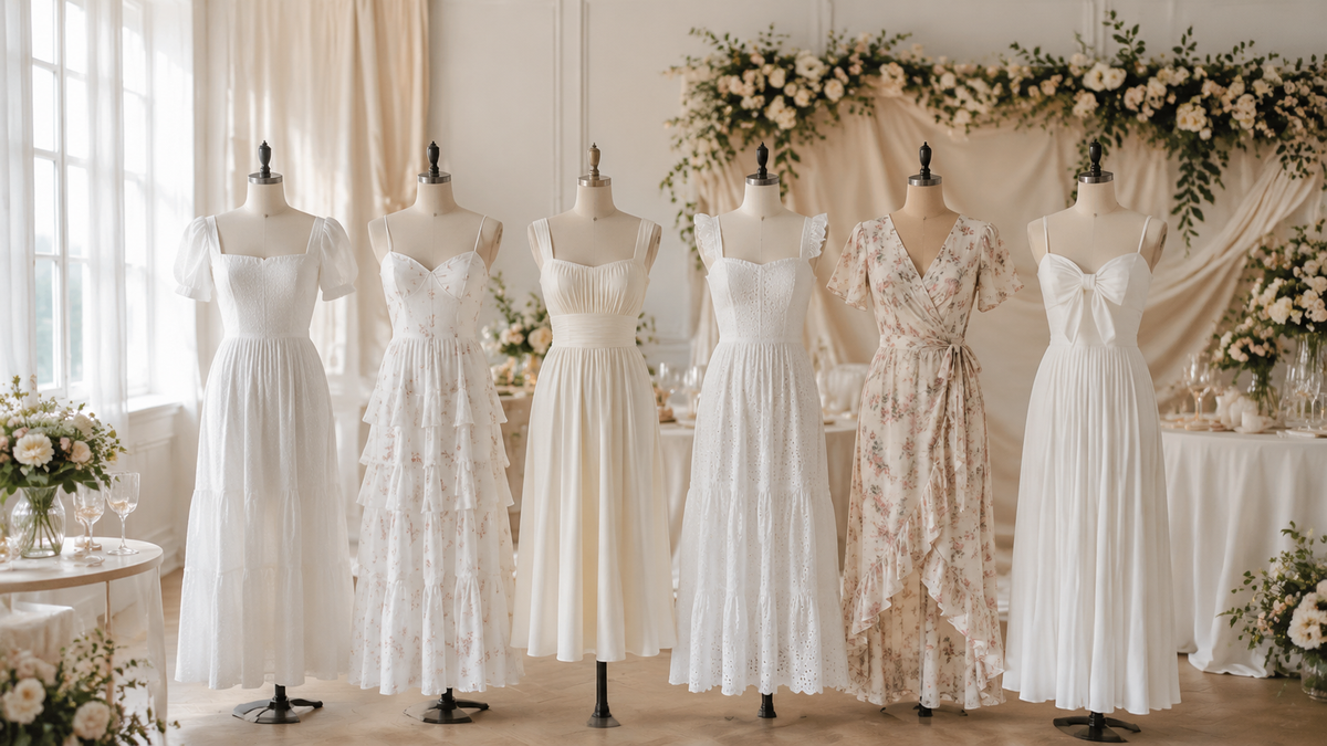 Bridal shower dresses in white ivory and soft floral styles