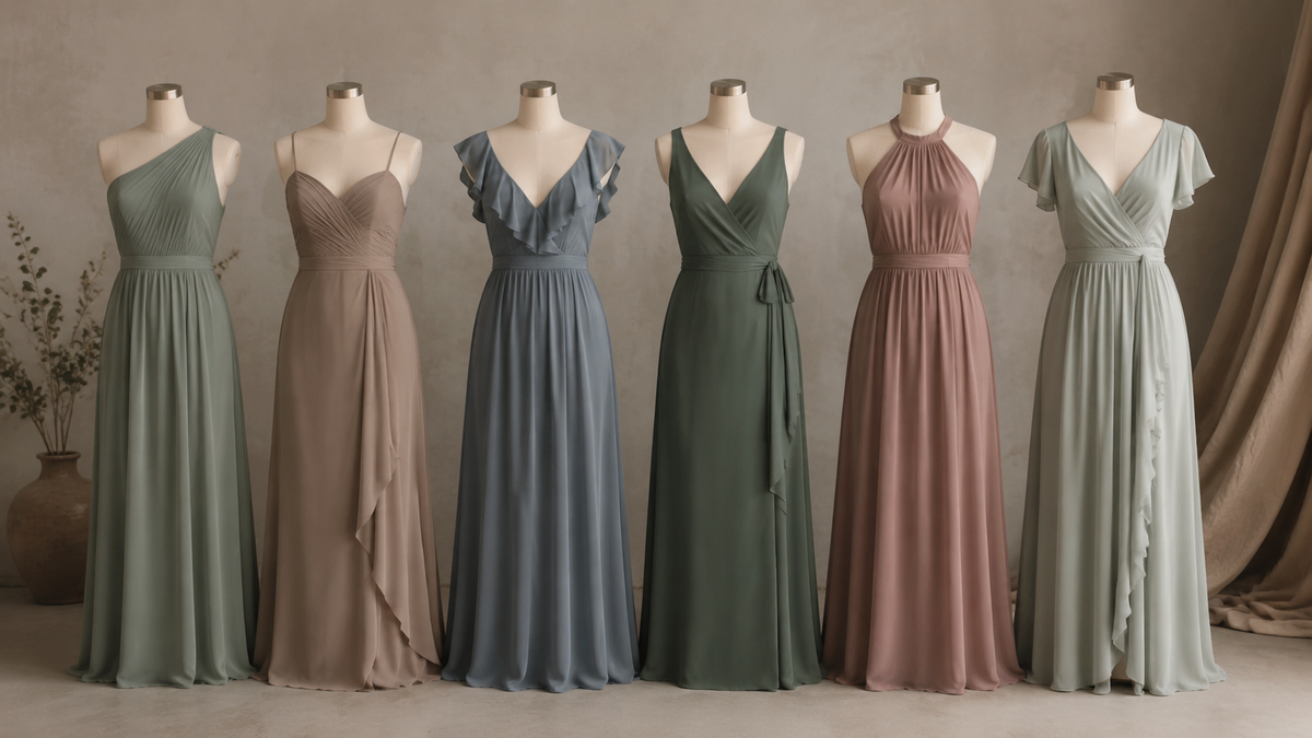Coordinated bridesmaid dresses in varied silhouettes