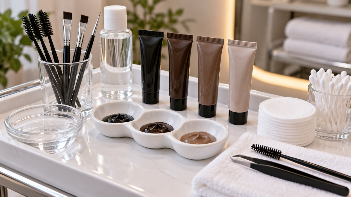 Clean brow tint tools and mixing dishes on a salon tray