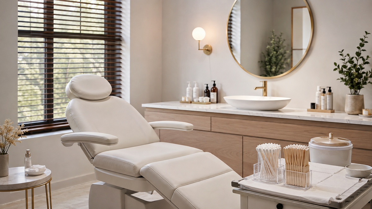 Clean professional eyebrow waxing studio with hygienic tools and treatment chair