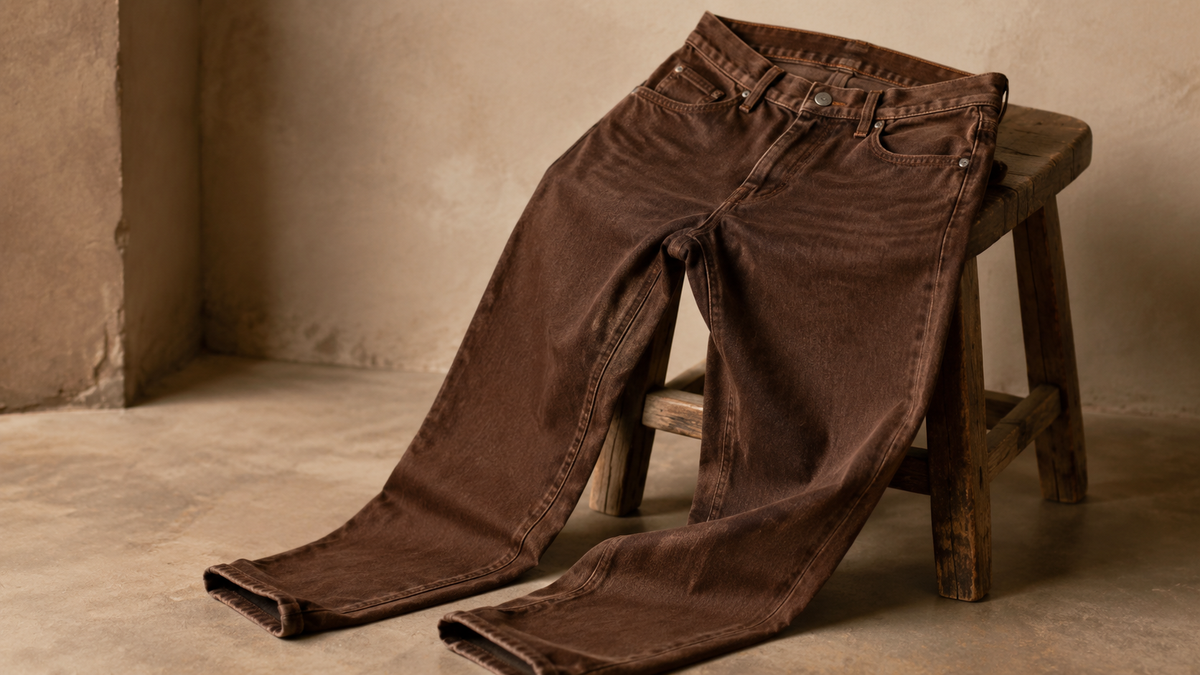 Brown denim jeans showing wash, waistband, seams, and leg shape