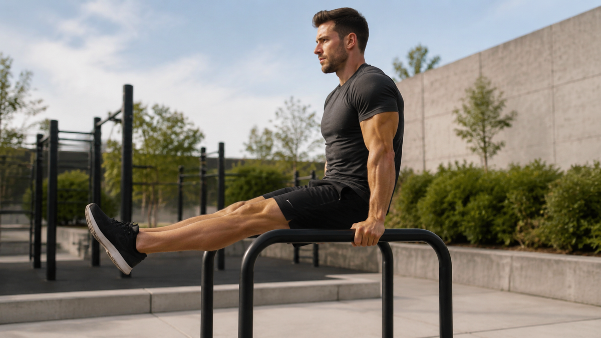 Athlete performing a controlled bodyweight parallel-bar exercise