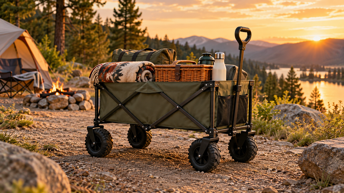 Folding camping cart loaded with picnic gear on a scenic campsite path at sunset