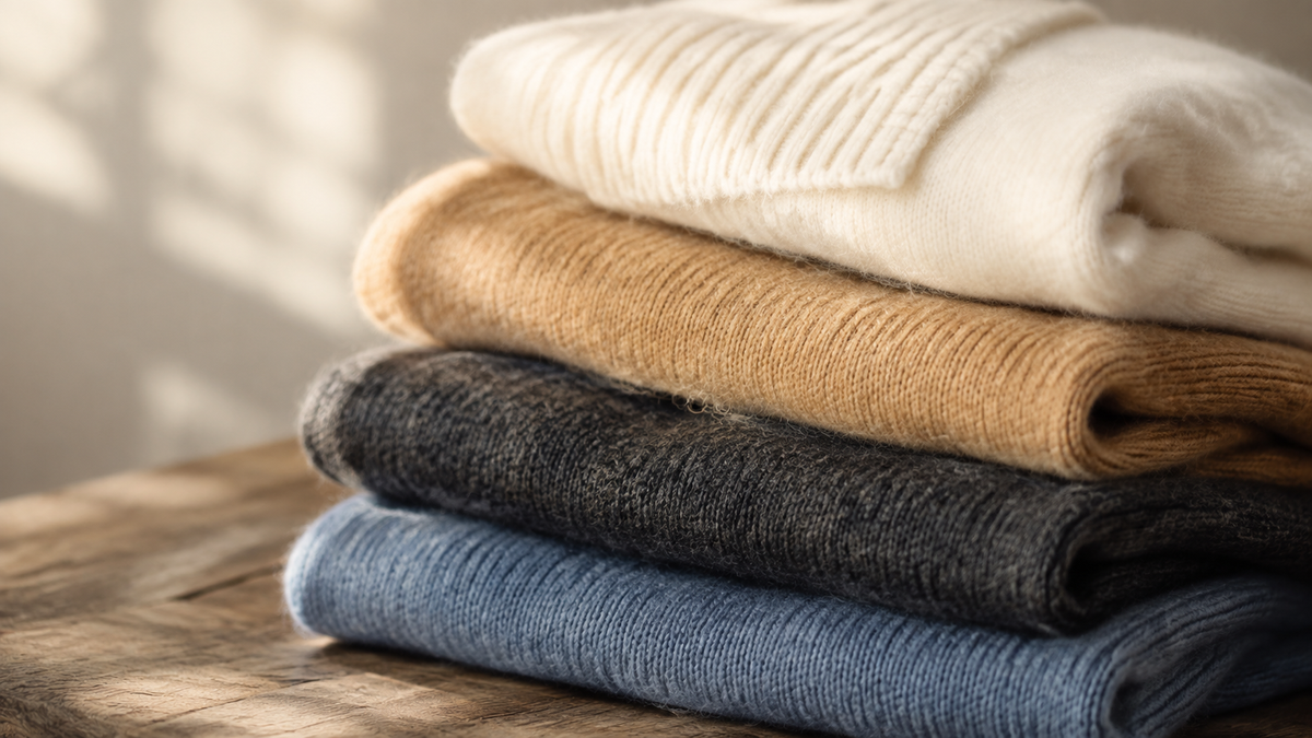 Folded cashmere sweaters in soft neutral colors showing fine knit texture