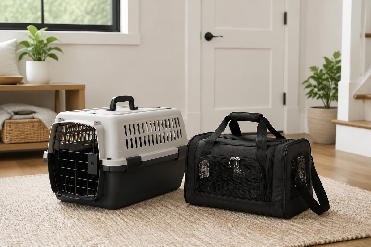 Hard-sided and soft-sided cat carriers showing ventilation and secure doors