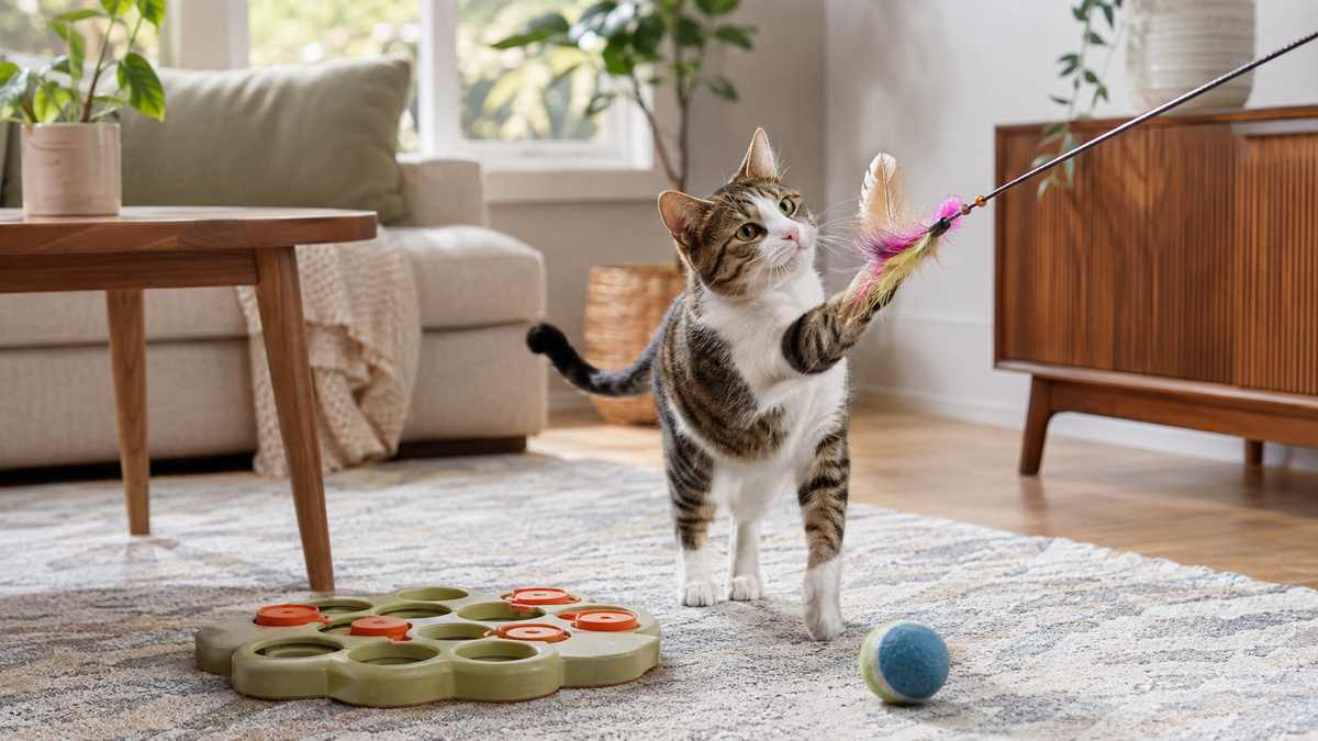 Cat playing with a feather wand beside puzzle and ball toys in a bright living room