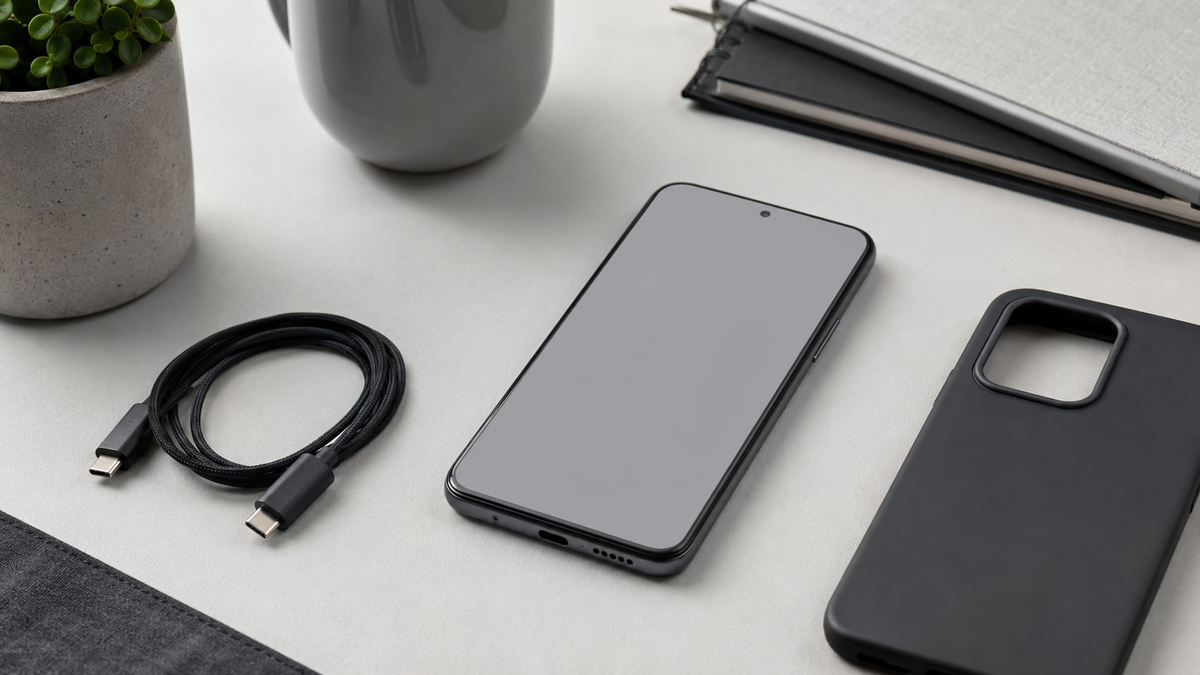 Generic modern cell phones with charging cable and protective case on a desk