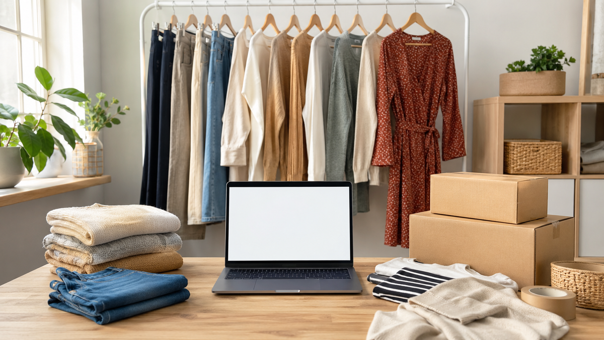 Affordable online clothing concept with capsule wardrobe and blank laptop