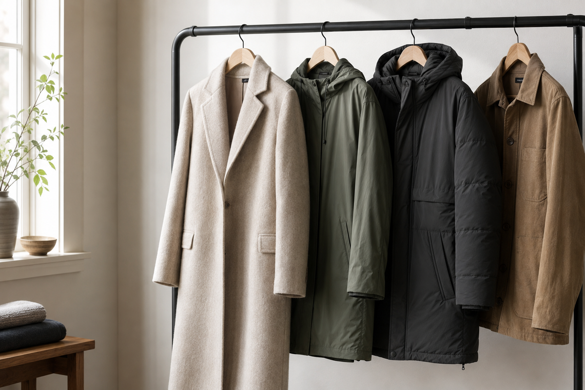 A curated selection of wool rain insulated and casual coats in a bright wardrobe