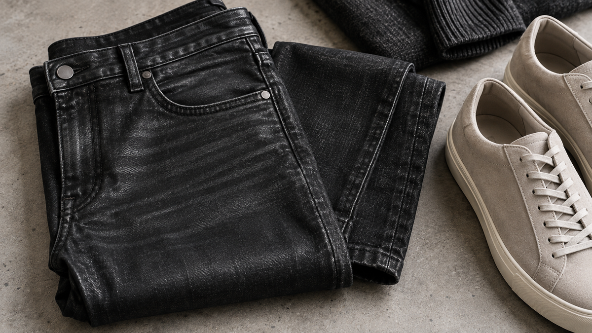 Black coated jeans showing sheen seams and denim texture