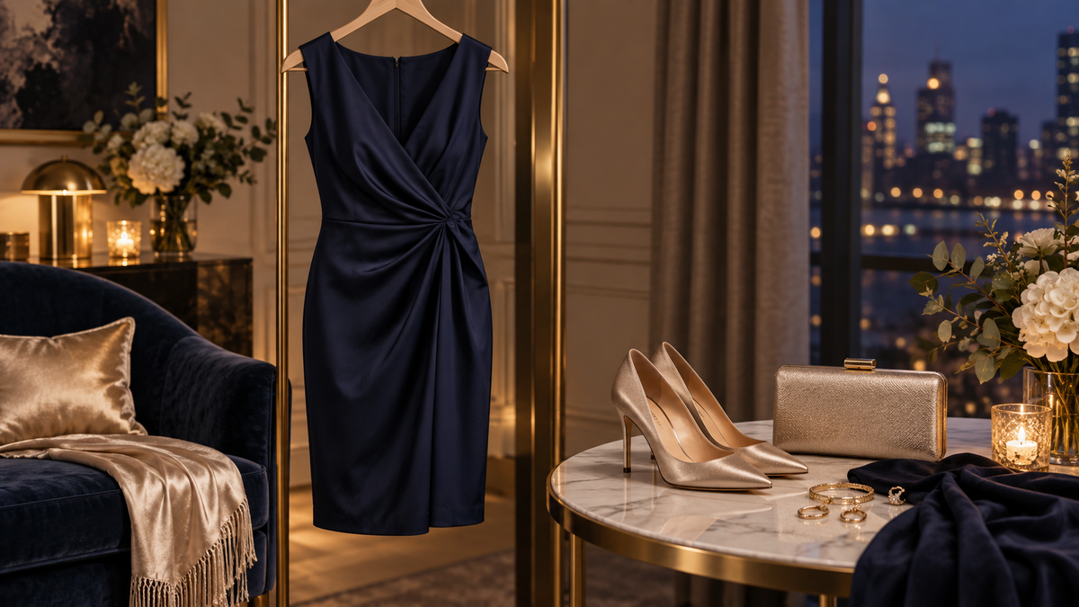 Navy cocktail dress with evening shoes and accessories in an elegant interior