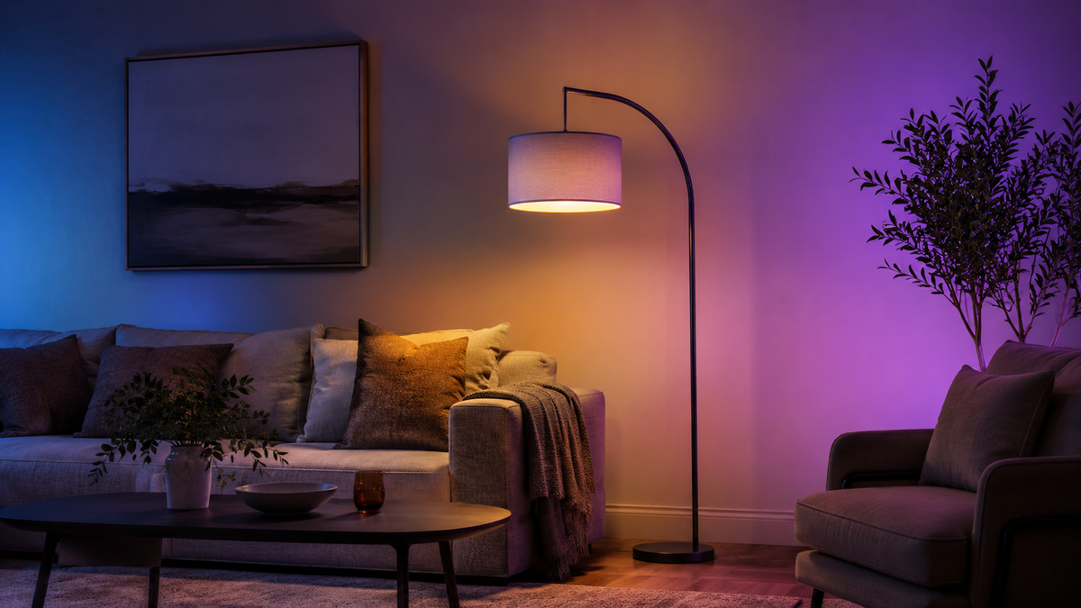 Unbranded color changing light bulb illuminating a modern living room