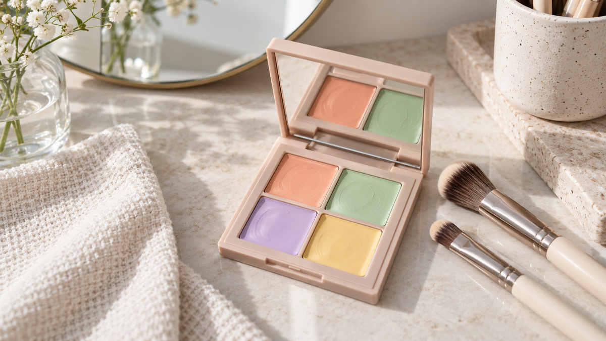Color correcting makeup palette with brushes and swatches