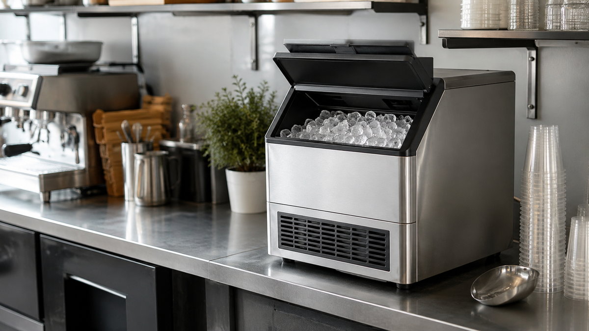 Unbranded commercial countertop ice maker in a clean cafe preparation area