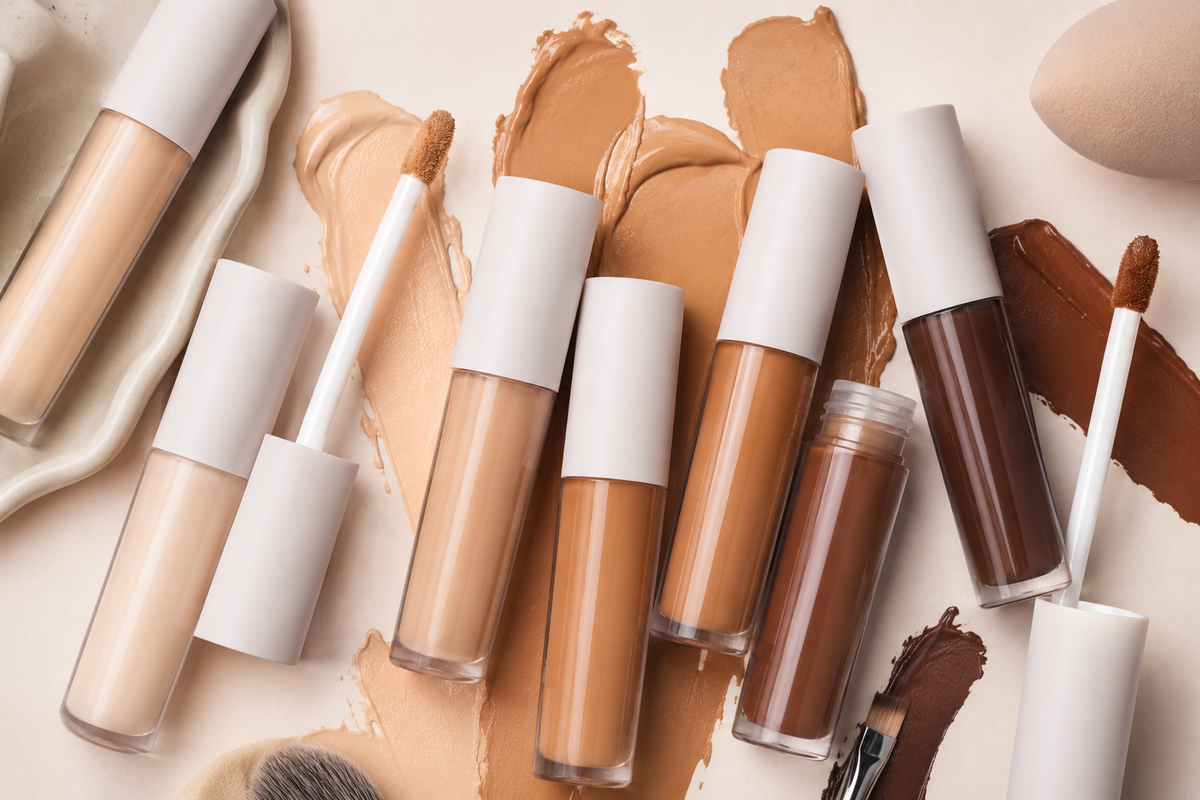 Generic concealer tubes with blank packaging and multiple complexion shade swatches