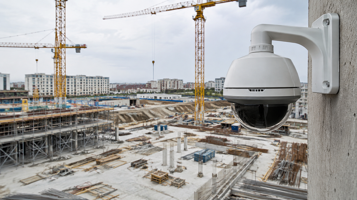 Unbranded standalone security camera monitoring a construction site