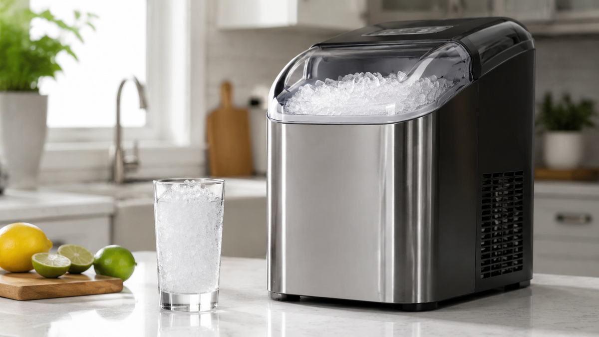 Unbranded countertop crushed ice maker with a glass of crushed ice