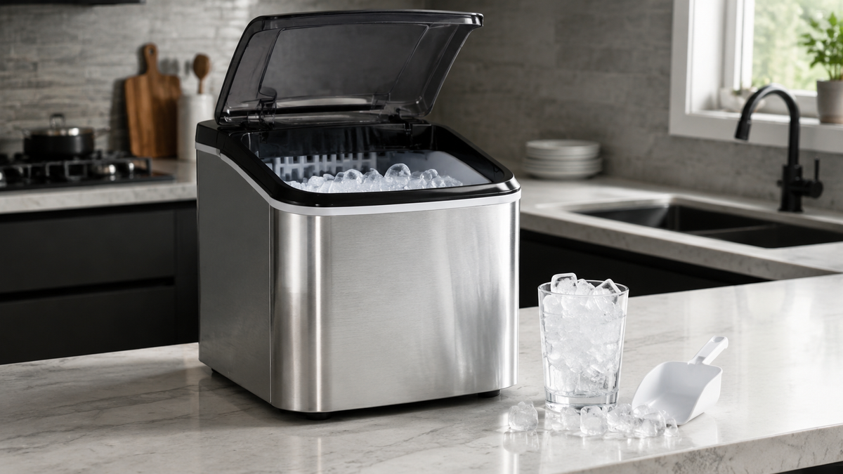 Unbranded countertop ice maker with fresh ice in a modern kitchen