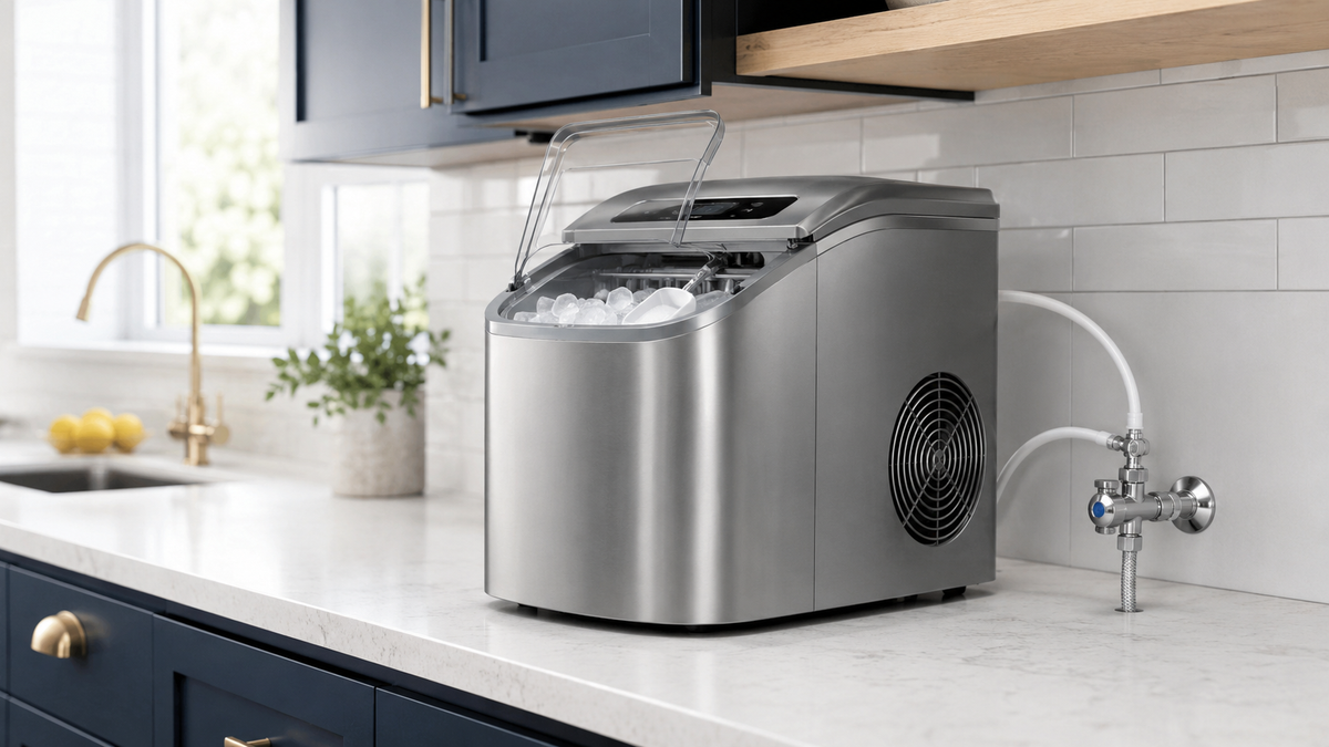 Unbranded countertop ice maker connected neatly to a water line