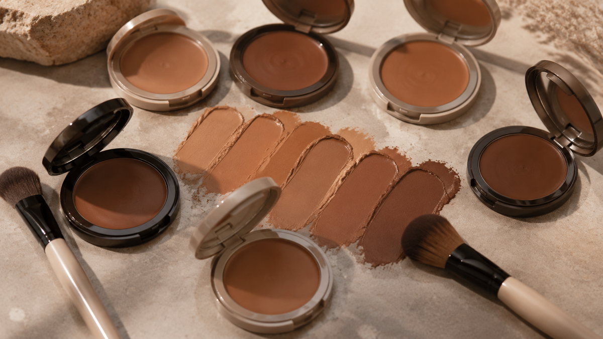 Unbranded cream bronzer compacts and brushes in varied neutral shades
