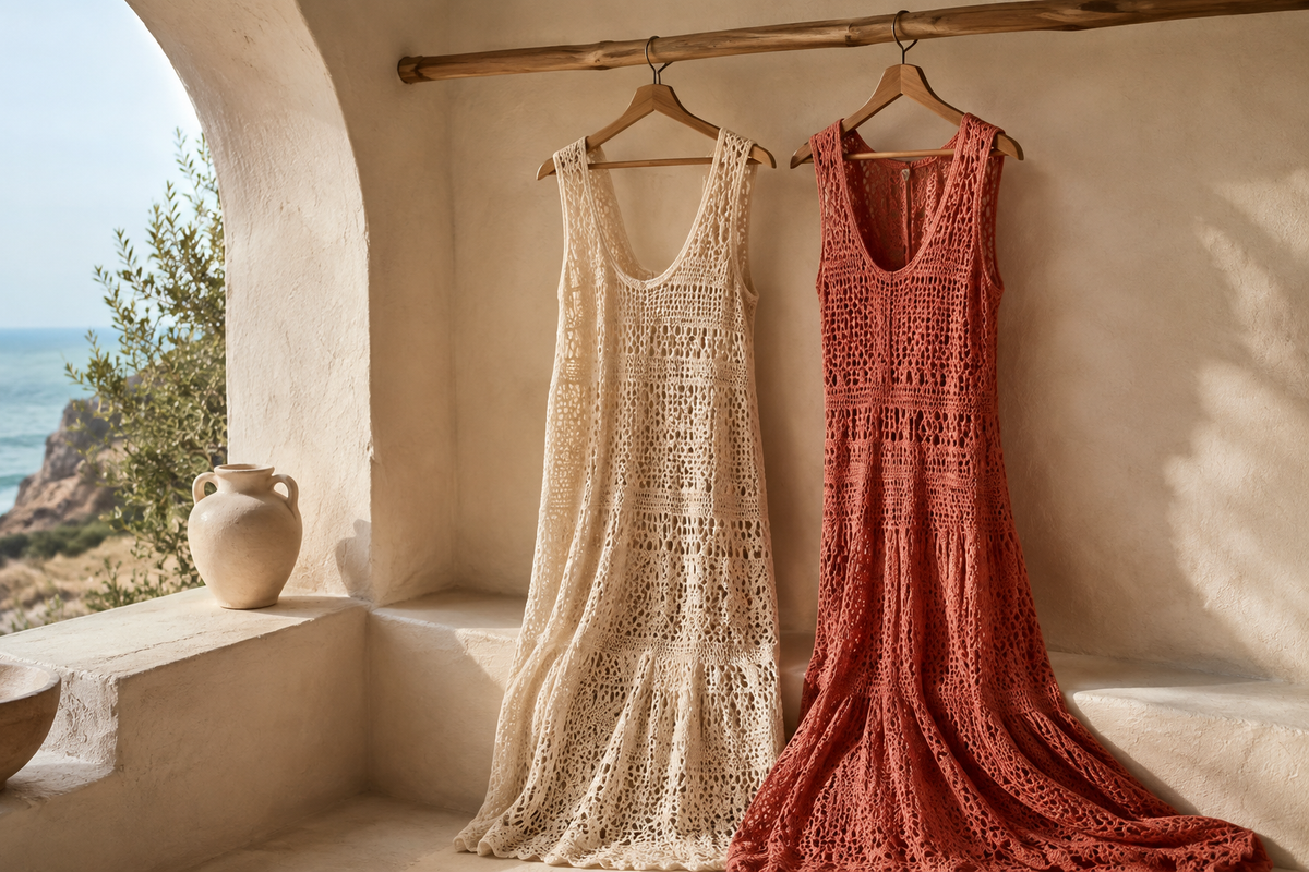 Cream and terracotta crochet dresses showing stitch texture lining and drape