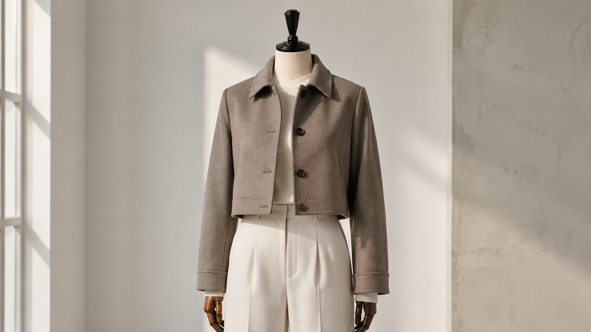 Cropped jacket layered over a simple neutral outfit