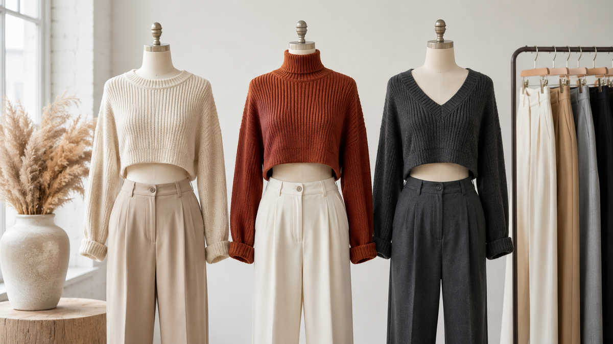 Cropped sweaters in cream rust and charcoal styled with high-waisted trousers