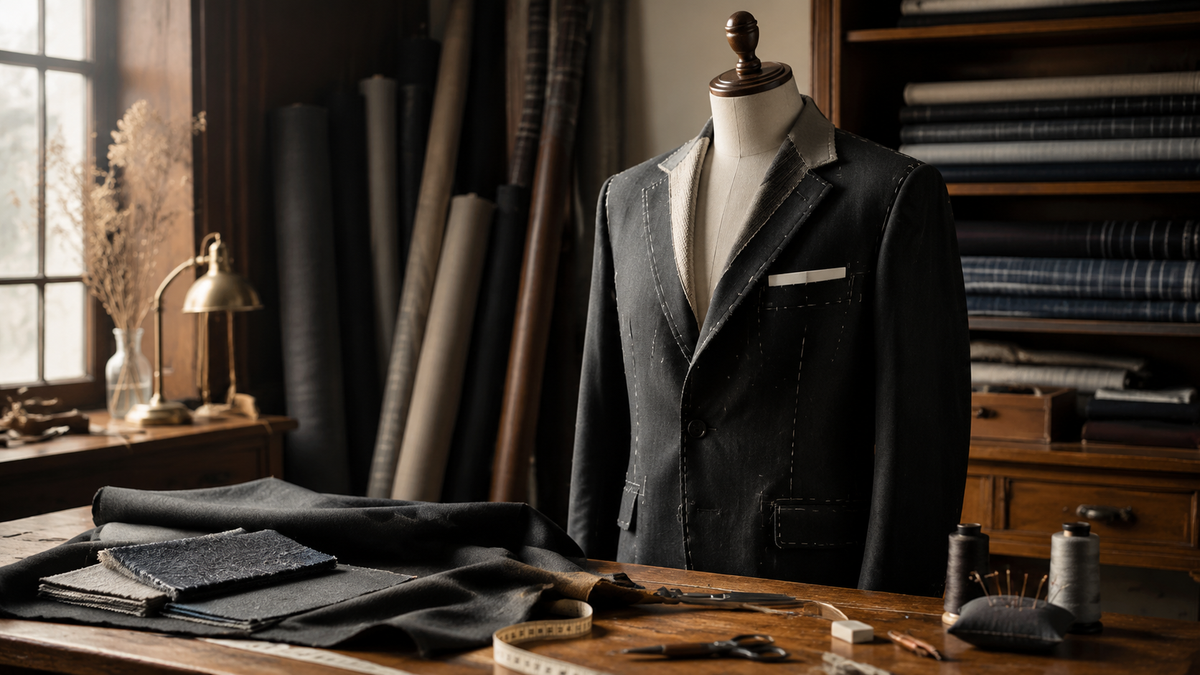 Custom suit in progress with fabric swatches and tailoring tools