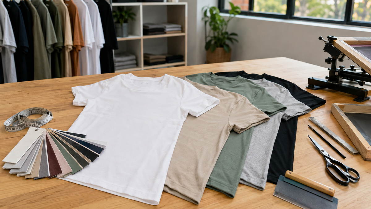 Blank cotton T-shirts and printmaking tools on a creative studio table