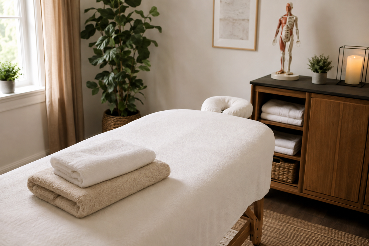 Clean professional deep tissue massage room with table towels and anatomical model