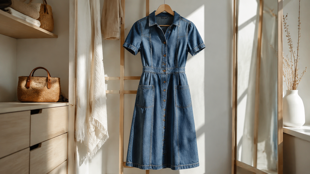 Medium wash denim midi dress displayed in a sunlit dressing room
