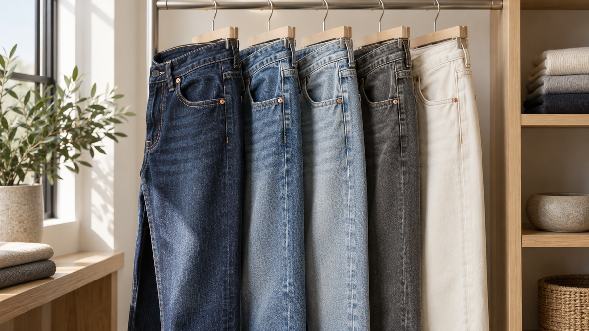 Close view of denim jeans stitching and construction details