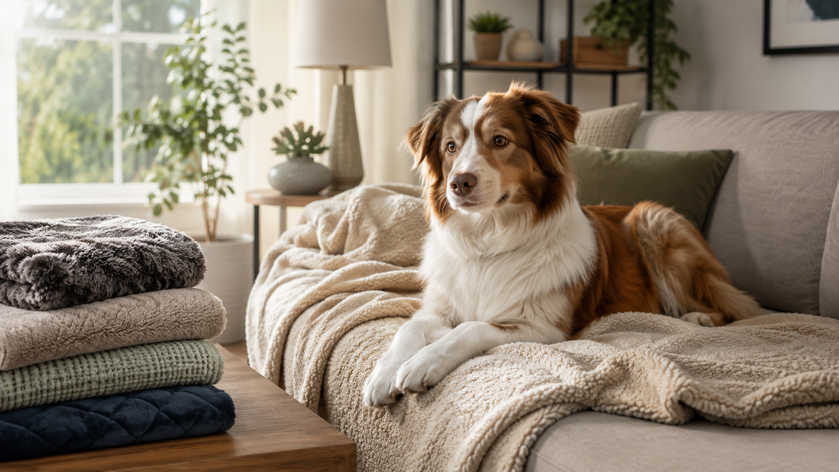 Dog resting on a soft washable blanket beside folded pet blankets in a living room