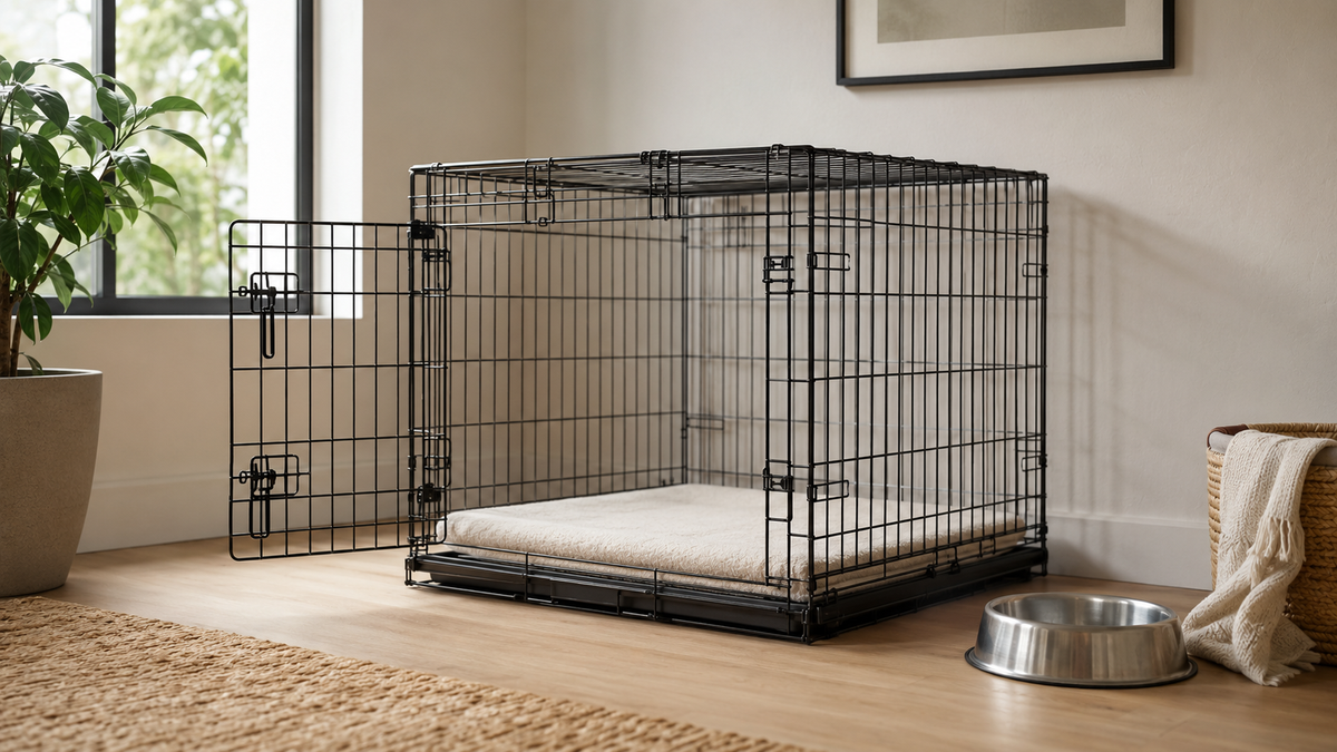 Sturdy dog crate with an open door and washable mat in a calm home corner