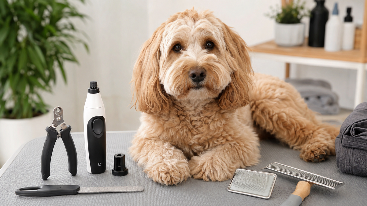 Calm adult dog beside generic nail clippers grinder and grooming tools