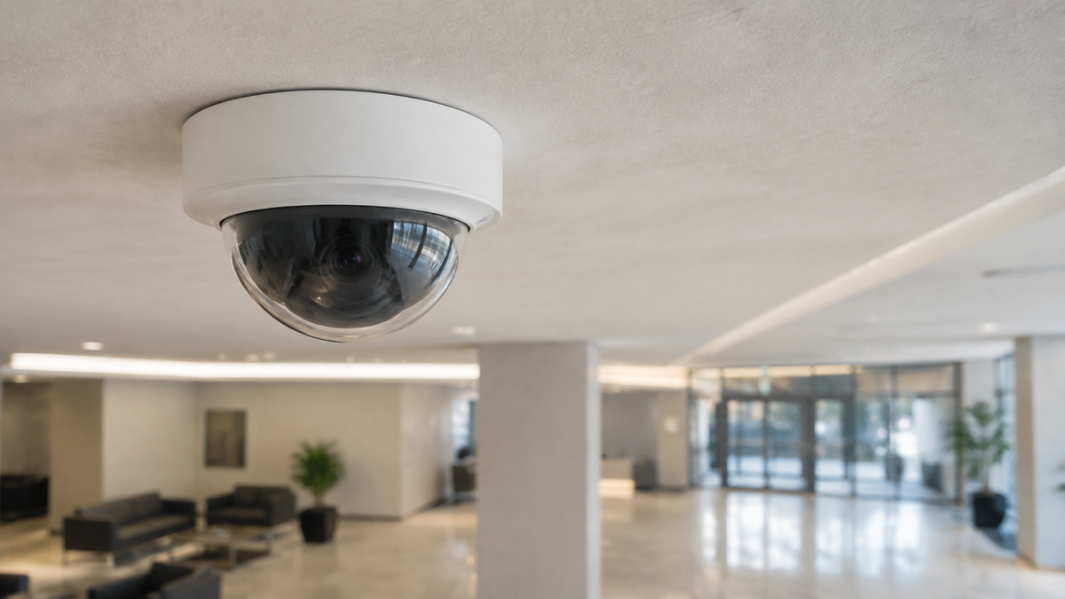 Unbranded dome security camera mounted on a commercial lobby ceiling