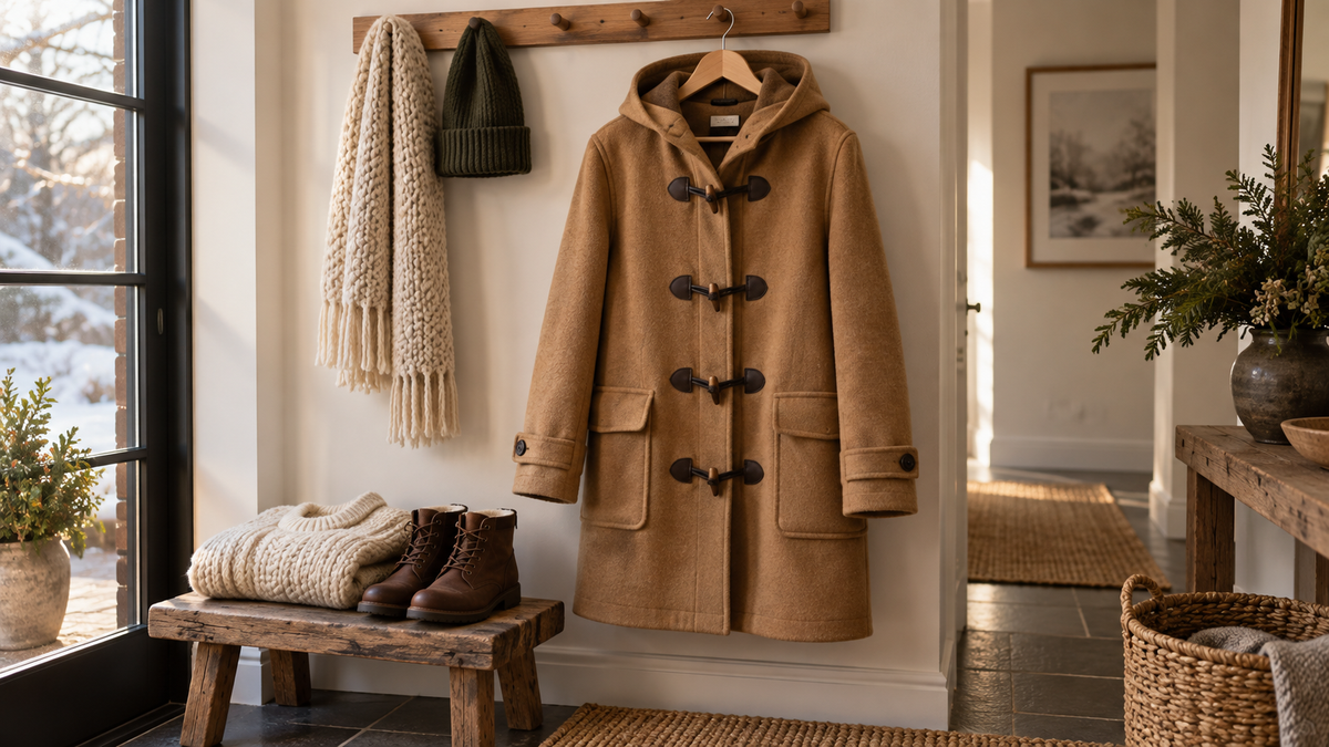 Wool duffle coat with toggle fastenings and hood