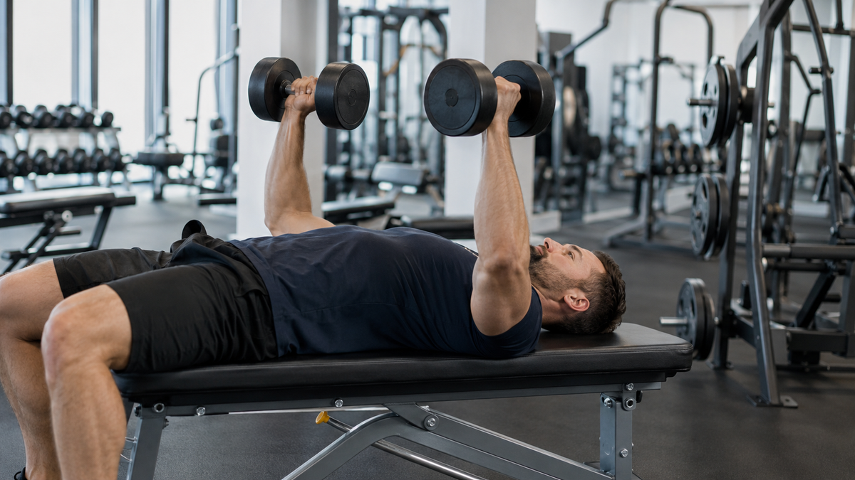 Adult athlete performing a controlled dumbbell bench press in a bright gym